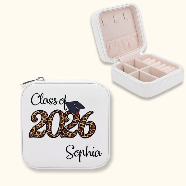 Scatola portagioie personalizzata Classe 2026 con testo leopardato glitterato Regalo di laurea portatile da viaggio per laureati