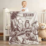 Personalized Vintage Classic Winnie the Pooh Friends Sketch Soft Throw Blanket with Name Baby Shower Birthday Gift for Newborns Toddlers Babies