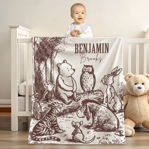 Personalized Vintage Classic Winnie the Pooh Friends Sketch Soft Throw Blanket with Name Baby Shower Birthday Gift for Newborns Toddlers Babies