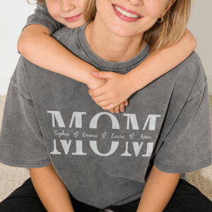 Personalised Mom Text Design Soft Distressed 100% Cotton T-shirt  with 1-4 Names Daily Wear Mother's Day Birthday Gift for Woman Mom