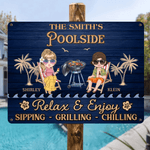 Personalized Cartoon Character Clip Art Horizontal Metal Sign with Text and Name Swimming Pool Decor Birthday Gift for Couples