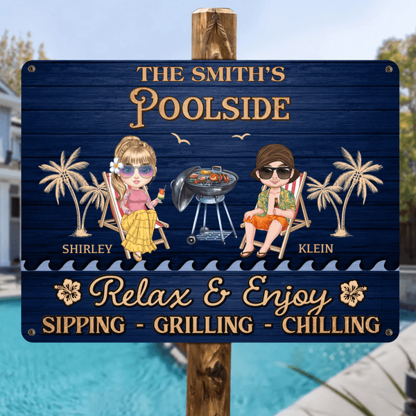 Personalized Cartoon Character Clip Art Horizontal Metal Sign with Text and Name Swimming Pool Decor Birthday Gift for Couples
