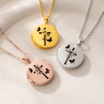 Personalised Cross Birth Flower Photo Locket Necklace Dainty Jewellery Birthday Anniversary Mother's Day Christian Gift for Mom Grandma Woman