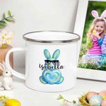 Personalised Cute Watercolor Rabbit 12 oz Enamel Mug with Name Eggs Hunting Party Easter Day Gift for Kids