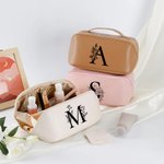 Personalized Floral Initial Leather Makeup Bag with Handle Portable Travel Accessories Birthday Gift for Women