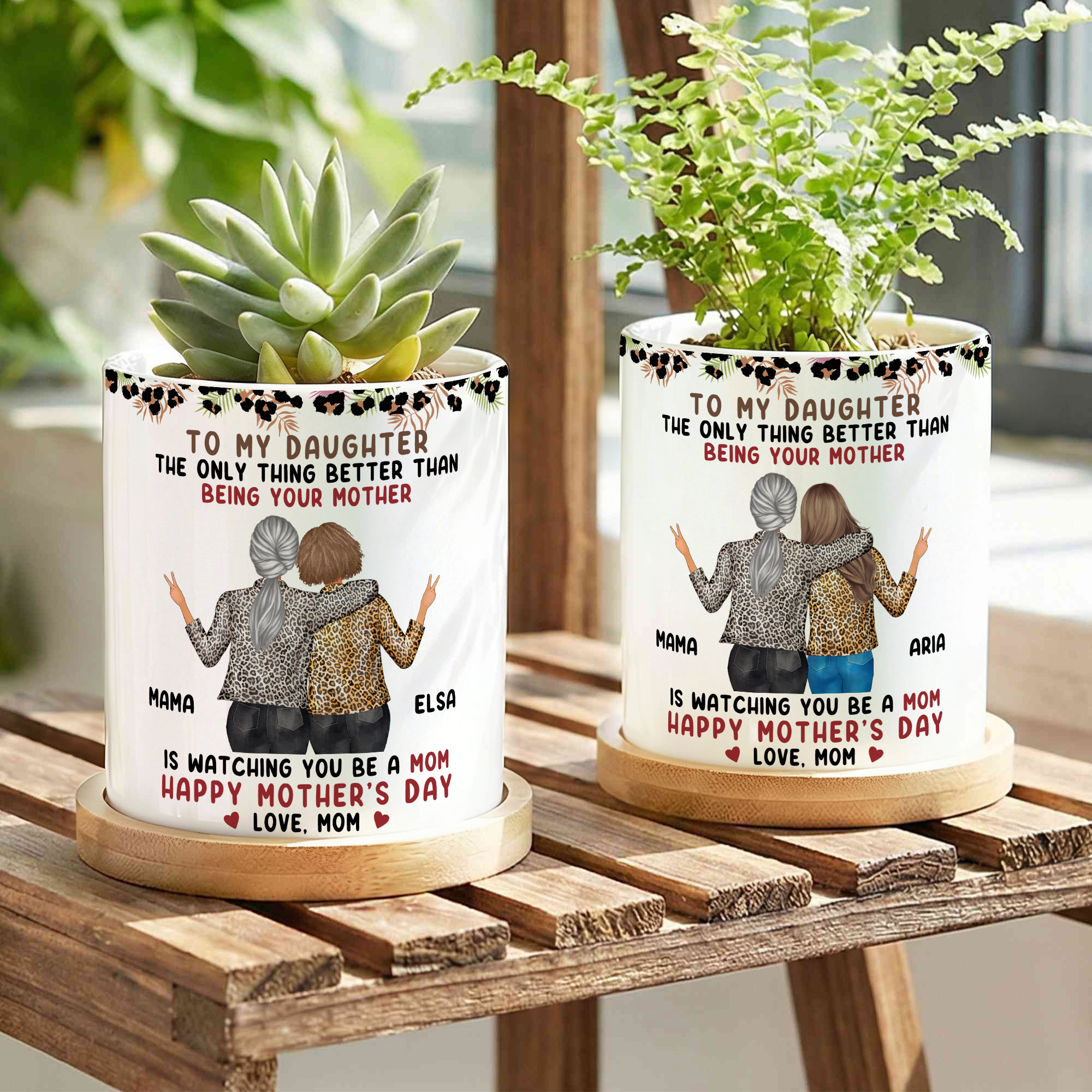 Personalized Stylish Leopard Print Mother-Daughter Cartoon Ceramic ...