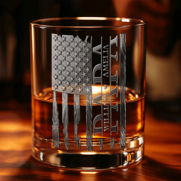Personalized Vintage American Flag Design 10 oz Rock Whiskey Glass with 1-6 Names Father's Day Birthday Gift for Men Whiskey Lovers