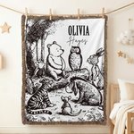 Personalized Vintage Classic Winnie the Pooh Friends Sketch Soft Throw Blanket with Name Baby Shower Birthday Gift for Newborns Toddlers Babies