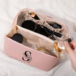 Personalized Floral Initial Leather Makeup Bag with Handle Portable Travel Accessories Birthday Gift for Women