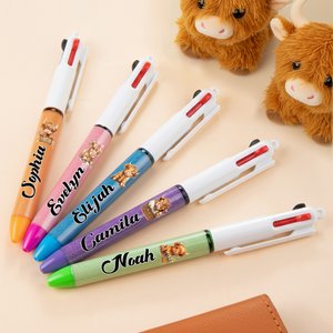Personalized Highland Cow Retractable Glitter Ballpoint 3-In-1 Pen with Name Back to School Birthday Gift for Students