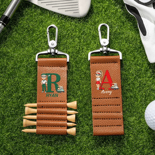 Personlig Cartoon Character Initial PU lær Golf Tee Holder Bag Tag med navn og 5 stk bambus tees Game Day Bursdagsgave til golfspillere