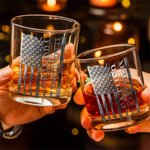 Personalized Vintage American Flag Design 10 oz Rock Whiskey Glass with 1-6 Names Father's Day Birthday Gift for Men Whiskey Lovers