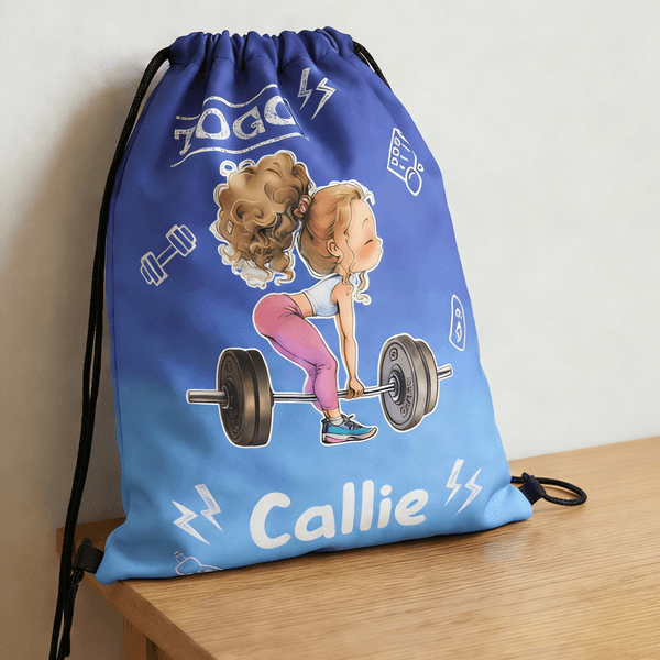 Personalized Cartoon Fitness Girl Gradient Drawstring Bag with Name Daily Use Sport Event Gift for Gym Girls