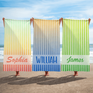 Toalla de playa personalizada de microfibra de secado rápido con rayas degradadas y nombre Vacaciones de verano Viajes Uso Cumpleaños Regalo para la familia Amigos