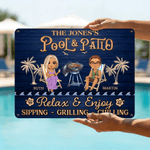 Personalized Cartoon Character Clip Art Horizontal Metal Sign with Text and Name Swimming Pool Decor Birthday Gift for Couples