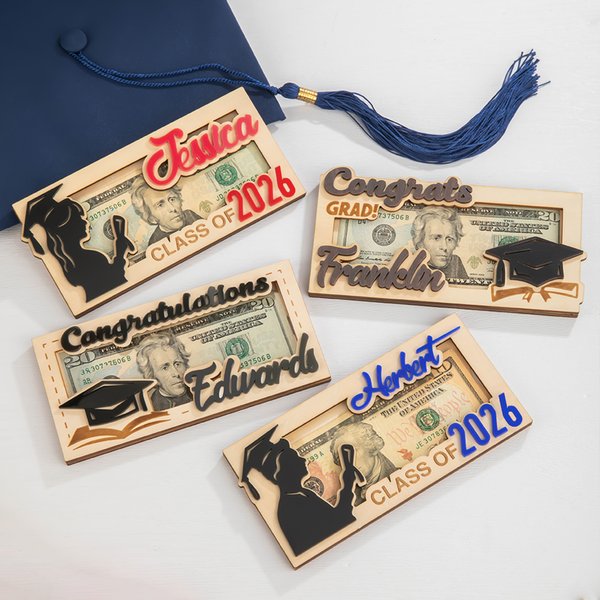 Personalizzato laureati Silhouette Graduation Cap Scroll Porta soldi in legno con nome e anno Congratulazioni regalo di laurea per i compagni di scuola Amici