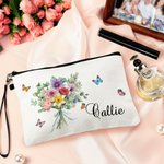 Personifierad Födelse Blomma Bukett Wristlet Linne Makeup Väska med Namn Födelsedag Brudtärna Familj Present för Kvinnor
