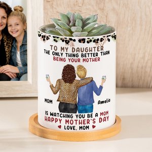 Personalised Stylish Leopard Print Mother-Daughter Cartoon Ceramic Flower Pot with  Name Mother's Day Birthday Gift for Mom Daughter