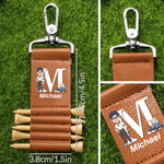 Personalized Cartoon Character Initial PU Leather Golf Tee Holder Bag Tag with Name and 5 Pcs Bamboo Tees Game Day Birthday Gift for Golf Players