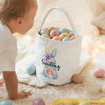 Personalized Cute Watercolour Rabbit Large Capacity Canvas Easter Basket with Name Eggs Hunting Party Easter Day Gift for Kids