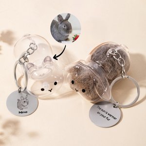 Personalized Bunny Shape Rabbit Fur Keychain with Engraved Text Memorial Birthday Gift for Pet Owner