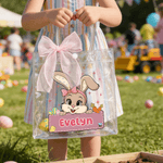 Gepersonaliseerde Schattige Konijnentas met Roze Strik en Naam Eieren Jacht Feest Pasen Cadeau voor Jongens Meisjes