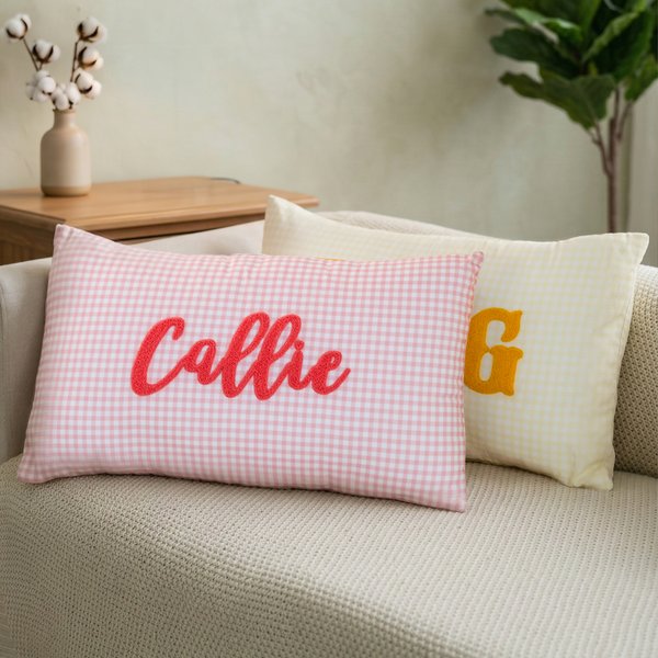 Personalised Embroidered Text Multicolour Plaid Soft Pillow Cover Home Decor Daily Use Baby Shower Housewarming Gift for Kids Family