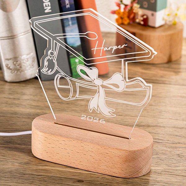 Personalised Graduation Cap Adjustable LED Night Light with Diverse Colours Changing and Wooden Base Graduation Souvenir Room Decor Gift for Graduates