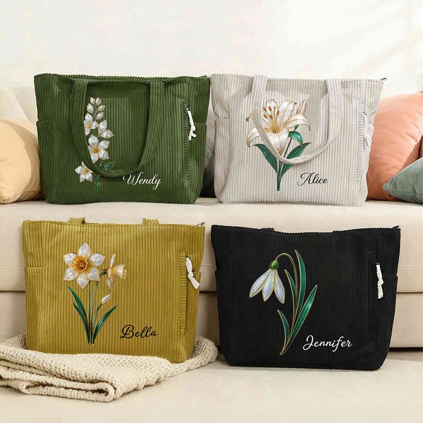 Gepersonaliseerde Grote Ribfluwelen Tas met Geboortebloem en Naam voor Dagelijks Gebruik Reizen of als Verjaardagscadeau voor Vrouwen