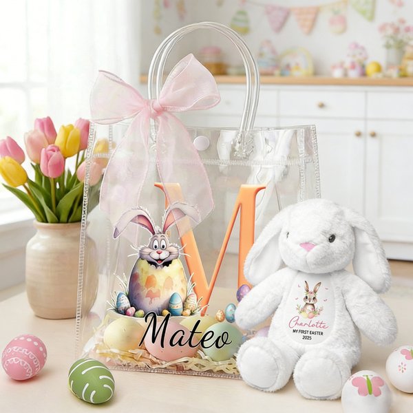 Personalized Cute Easter Bunny Clear Gift Bag and Bunny Plush Toy Set with Name Easter Egg Hunt Party Favors Gift for Kids