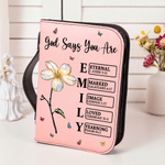 Personalized God Says I Am Birth Flower PU Leather Bible Book Cover with Zipper and Carry Handle Baptism Religious Day Gift for Christians Women