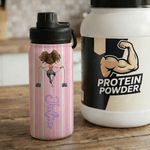Personalized Cartoon Fitness Girl Vertical Stripe 12 oz/18 oz Insulated Water Bottle with Name Birthday Gift for Women Fitness Lovers