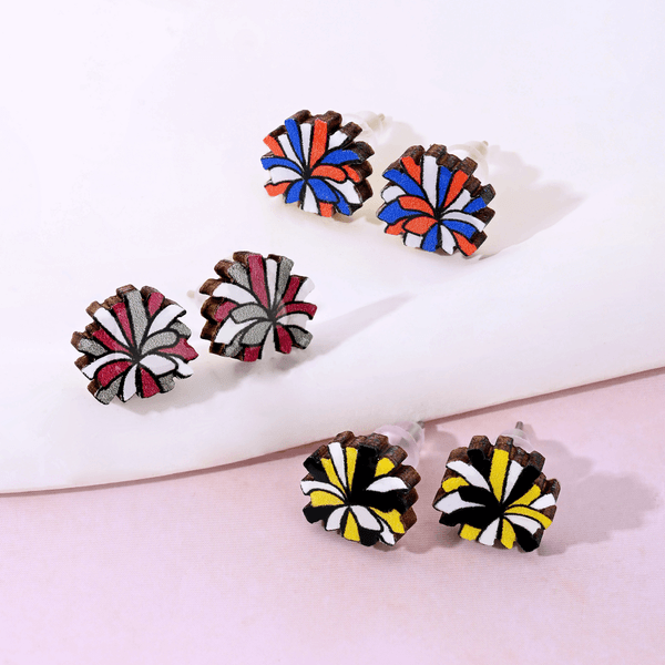 Personalised Wooden 3 Colours Pom Pom Sterling Silver Stud Earrings Back to School Team Game Day Gift for Cheerleaders