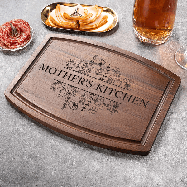 Personalized Flower Design Curved Charcuterie Cutting Board with Text and Juice Groove Housewarming Mother's Day Gift for Couples Family