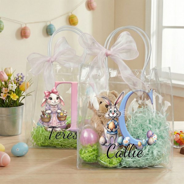 Personalized Cute Easter Bunny Clear Gift Bag with Name and Initial Easter Party Favors Gift for Kids
