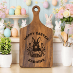 Personalised Happy Easter Cute Bunny Wooden Reversible Charcuterie Chopping Board with Engraved Names and Grip Easter Gift for Family Friends