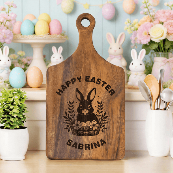 Personalised Happy Easter Cute Bunny Wooden Reversible Charcuterie Chopping Board with Engraved Names and Grip Easter Gift for Family Friends