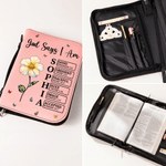 Personalized God Says I Am Birth Flower PU Leather Bible Book Cover with Zipper and Carry Handle Baptism Religious Day Gift for Christians Women