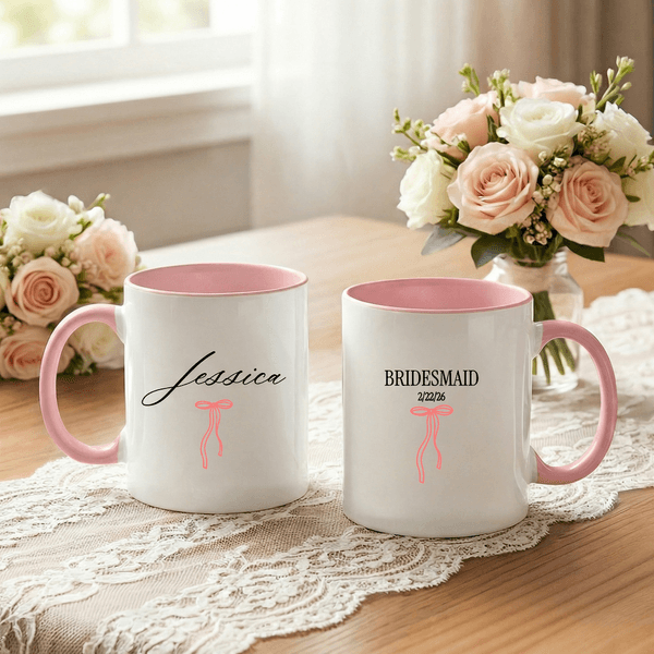 Personalized Pink Bow Bridesmaid Design 11 oz 15 oz Ceramic Mug with Name and Date Wedding Bridal Party Shower Gift for Bridesmaids