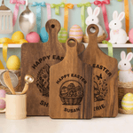 Personalised Happy Easter Cute Bunny Wooden Reversible Charcuterie Chopping Board with Engraved Names and Grip Easter Gift for Family Friends