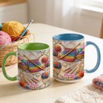 Personalised Colourful Crochet Knitting Tools Design 11 oz 15 oz Ceramic Mug with Name and Coaster Mother's Day Birthday Gift for Women Knitting Lovers