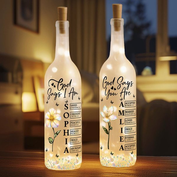 Personalised Stylish God Says I Am Birth Flower Butterfly Love Quote Glass LED Bottle Lamp with Name Mother's Day Gift for Mom Grandma