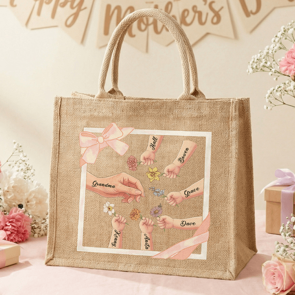 Personalised 1-6 Birth Flowers Mom Kids Little Hands Large Jute Tote Bag with Name Mother's Day Birthday Gift for Mom Grandmother
