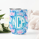 Personalized Summer Tropical Flowers Monogram 12 oz Wine Tumbler Birthday Anniversary Gift for Family Friends