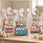 Gepersonaliseerde Schattige Konijnentas met Roze Strik en Naam Eieren Jacht Feest Pasen Cadeau voor Jongens Meisjes