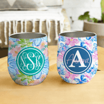 Personalized Summer Tropical Flowers Monogram 12 oz Wine Tumbler Birthday Anniversary Gift for Family Friends