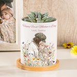 Personalisierte Aquarell Foto Stil Blume Keramik Pflanzentopf mit Namen und Bambus Basis Muttertag Geburtstag Geschenk für Mama Oma