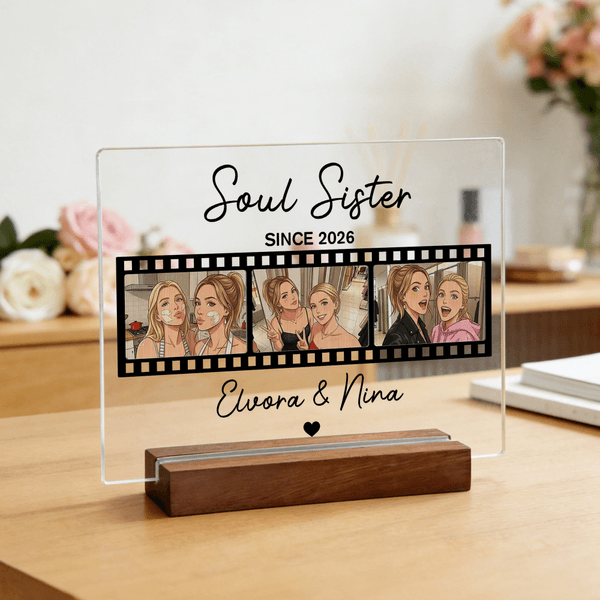 Personalised Film Strip 3 Photos Grating Acrylic Ornament with Title Date Name and Wooden Base Desk Decor Birthday Gift for Best Friend Family