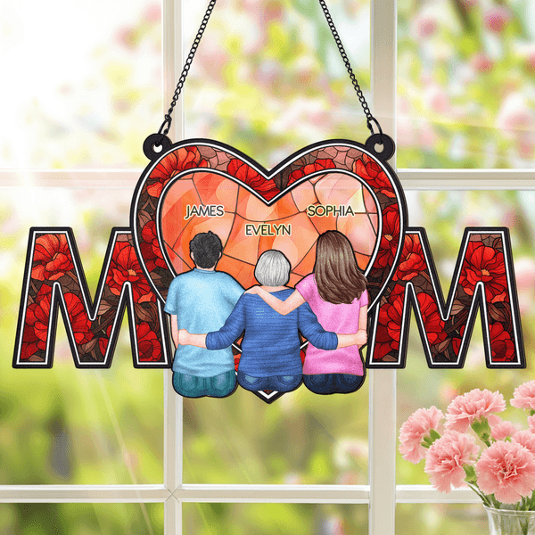Personalised Cartoon Character Back View Heart Mom Window Hanging Suncatcher with Names Home Decor Mother's Day Birthday Gift for Woman