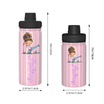 Personalized Cartoon Fitness Girl Vertical Stripe 12 oz/18 oz Insulated Water Bottle with Name Birthday Gift for Women Fitness Lovers
